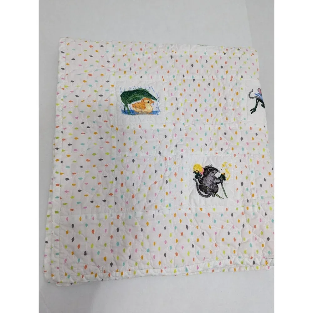 37x40 Baby Quilt Lap Blanket white orange embroidered woodland creatures cottage